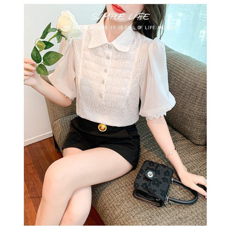 Áo Kiểu Tay Phồng Ngắn Phối Ren Thời Trang Mùa Hè Xinh Xắn Cho Nữ
