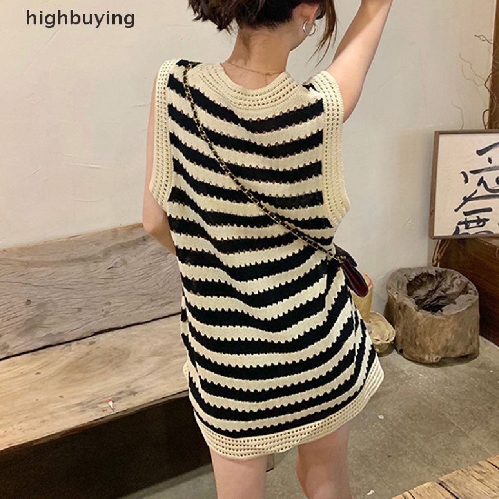 Đầm Dệt Kim Không Tay Cổ Tròn Họa Tiết Kẻ Sọc Belle Y2K Phong Cách Hàn Quốc