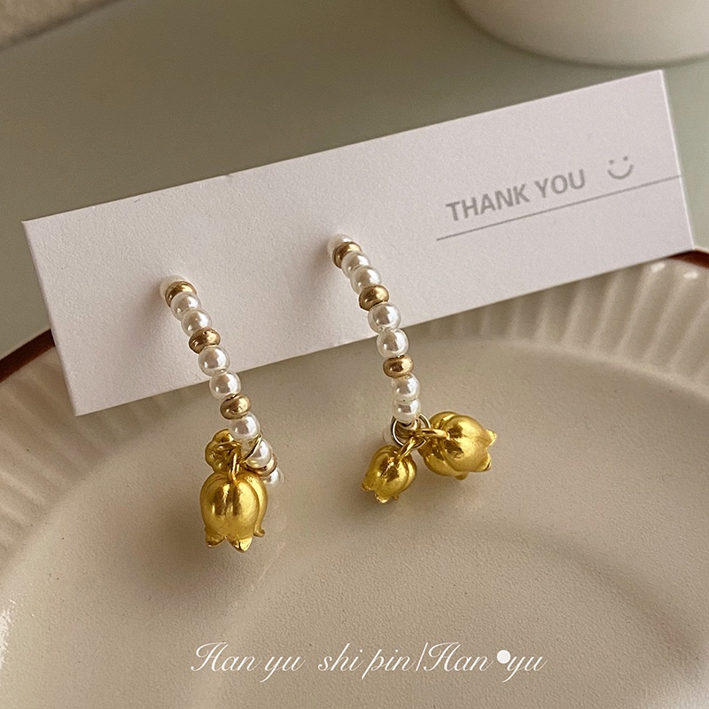 Bông Tai Hoa Lily Đính Ngọc Trai Sang Trọng Phong Cách Pháp Thời Trang Cho Nữ