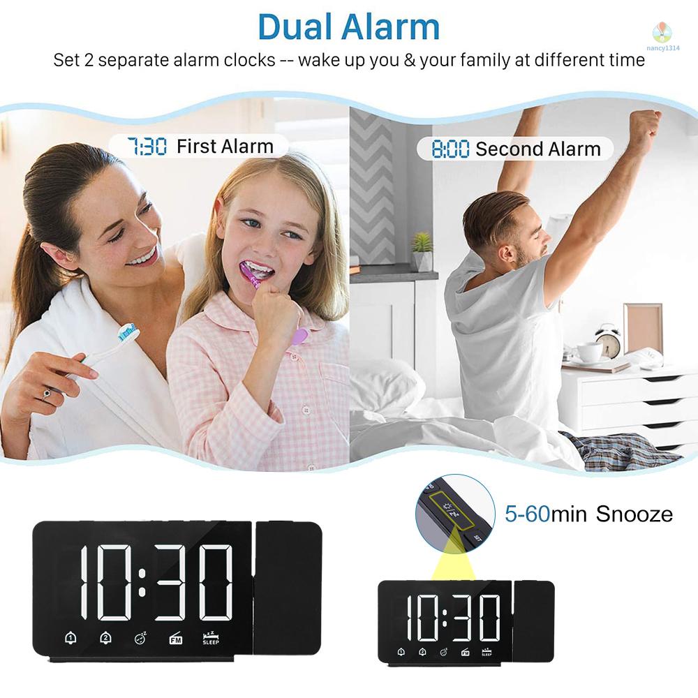 Đồng Hồ Báo Thức Chiếu 180°Đồng Hồ Báo Thức Kỹ Thuật Số 4 Mức Độ 12H / 24H Kèm Đài FM Radio Cho Phòng Ngủ