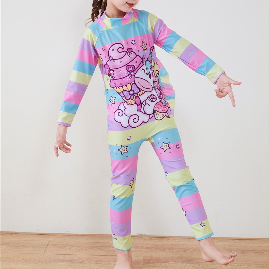 Bộ Đồ Bơi Một Mảnh Áo Tay Dài Chống Trầy Xước Kèm Nón Thời Trang Mùa Hè Chất Lượng Cao Cho Bé Gái 3-12 Tuổi