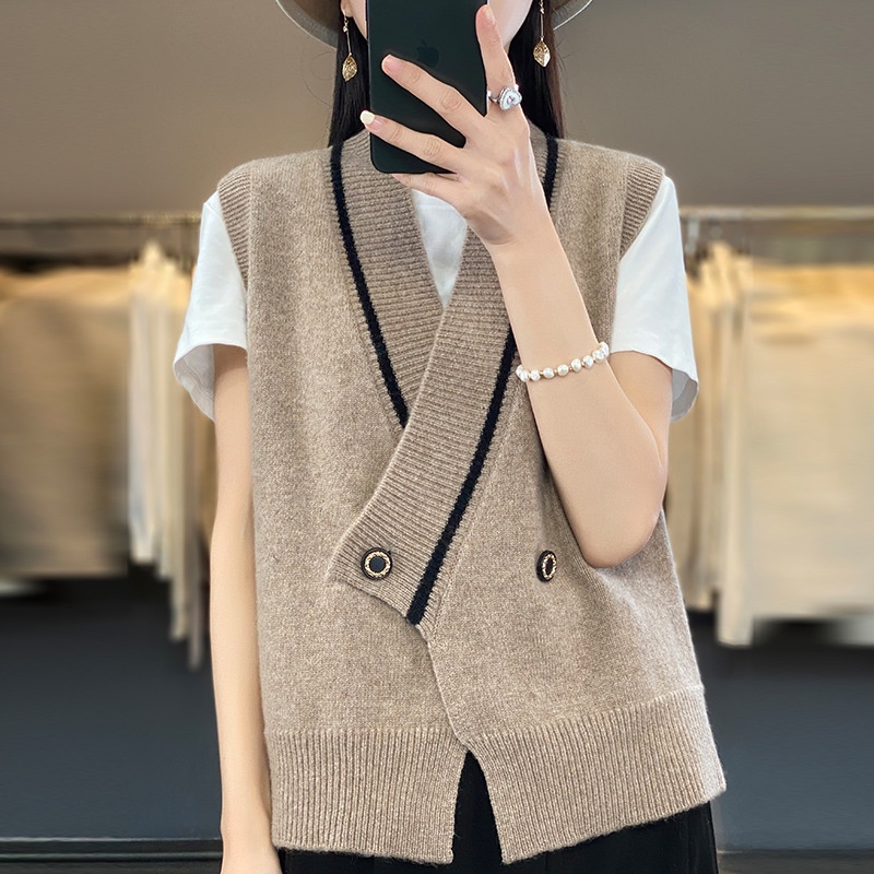 Áo Khoác Cardigan Dệt Kim Không Tay Cổ Chữ V Cài Nút Màu Sắc Tương Phản Thời Trang Mùa Xuân 2023 Cho Nữ