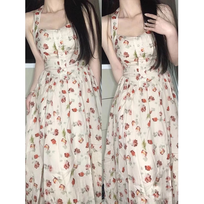 Đầm Hai Dây Họa Tiết Hoa Hồng Phong Cách Pháp Cổ Điển Thời Trang Mùa Hè