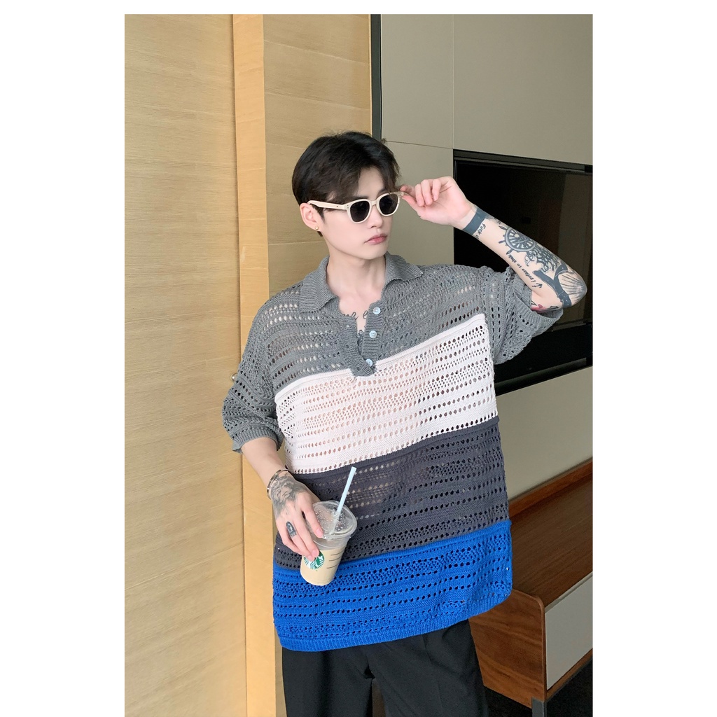 Áo Thun polo Dệt Kim Tay Ngắn Dáng Rộng Phối Nút Nhiều Màu Sắc Thời Trang Mùa Hè Cho Nam