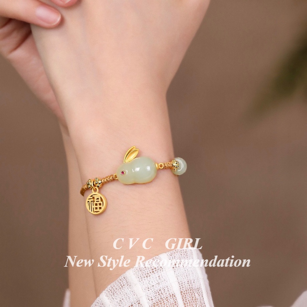 Vòng Tay Dây Rút Đính Ngọc Bích Giả Hình Thỏ Hetian Nhẹ Nhàng Sang Trọng Thương Hiệu Niche Fortune