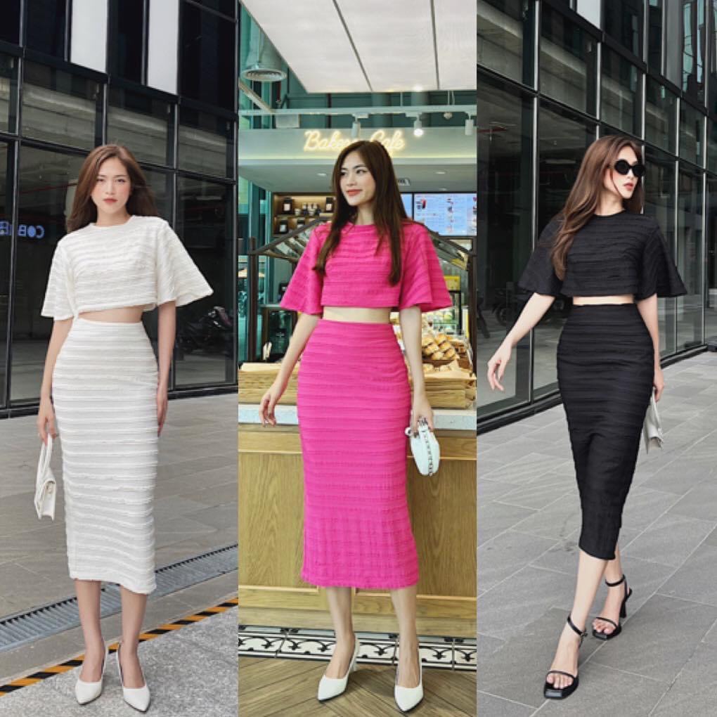 SET ĐI CHƠI, SET 2 MÓN ÁO CROPTOP CỔ TRÒN TAY NGẮN XÒE PHỐI CHÂN VÁY DÀI CỰC SANG CHẢNH