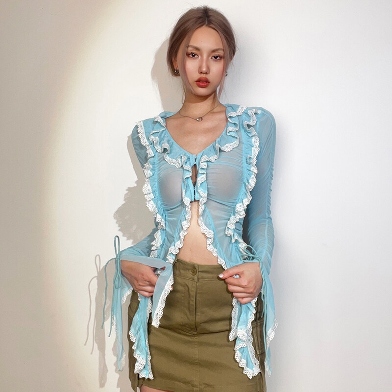 Áo Ren Mỏng Nhẹ Thoáng Khí Màu Xanh Dương Quyến Rũ Thời Trang Mùa Hè Cho Nữ