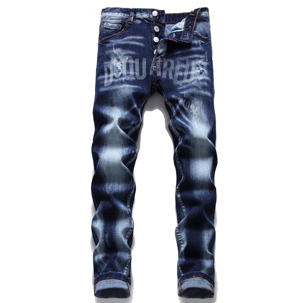 Watermark Quần Jean cotton Dáng Suông Nhỏ Vừa Vặn Hình Mèo Nổi Màu Xanh Dương laser Có Nút Cho Nam