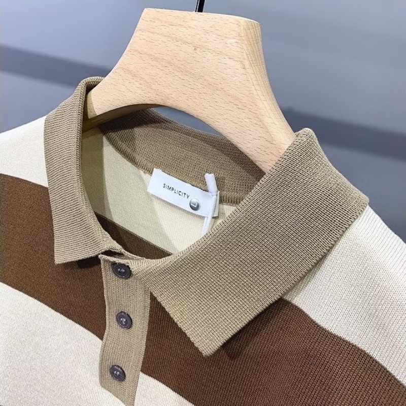 Áo Thun polo Dệt Kim Tay Ngắn Dáng Rộng Họa Tiết Kẻ Sọc Thời Trang Mùa Hè Cho Nam