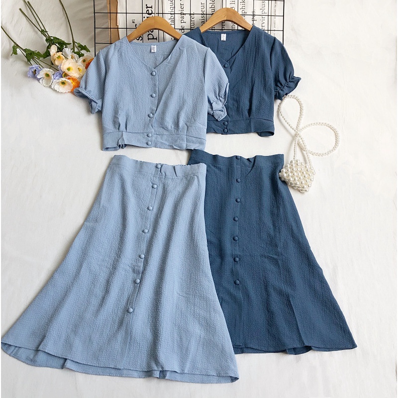 Bộ Áo Sơ Mi Tay Phồng Ngắn Cổ Chữ V + Chân Váy Chữ A Lưng Cao Thời Trang Vintage Hàn Quốc Cho Nữ
