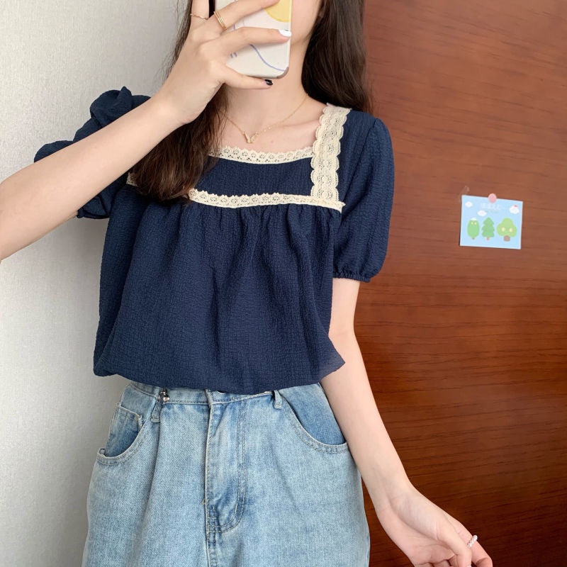 Áo Chiffon Tay Ngắn Cổ Vuông Phối Ren Thời Trang Mùa Hè Hàn Quốc Mới Cho Nữ