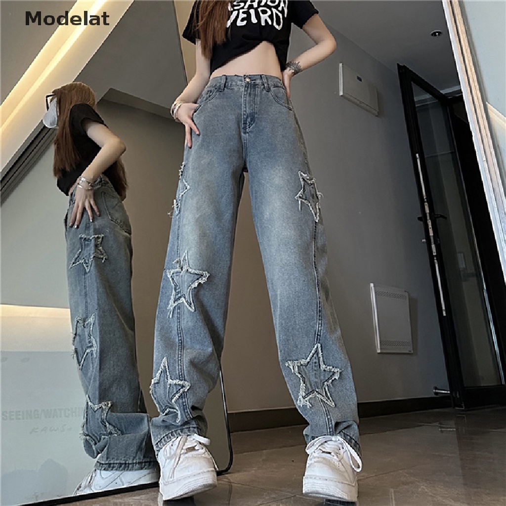 Quần Jean Lưng Cao HìNh Ngôi Sao Xanh Y2k Cá TíNh