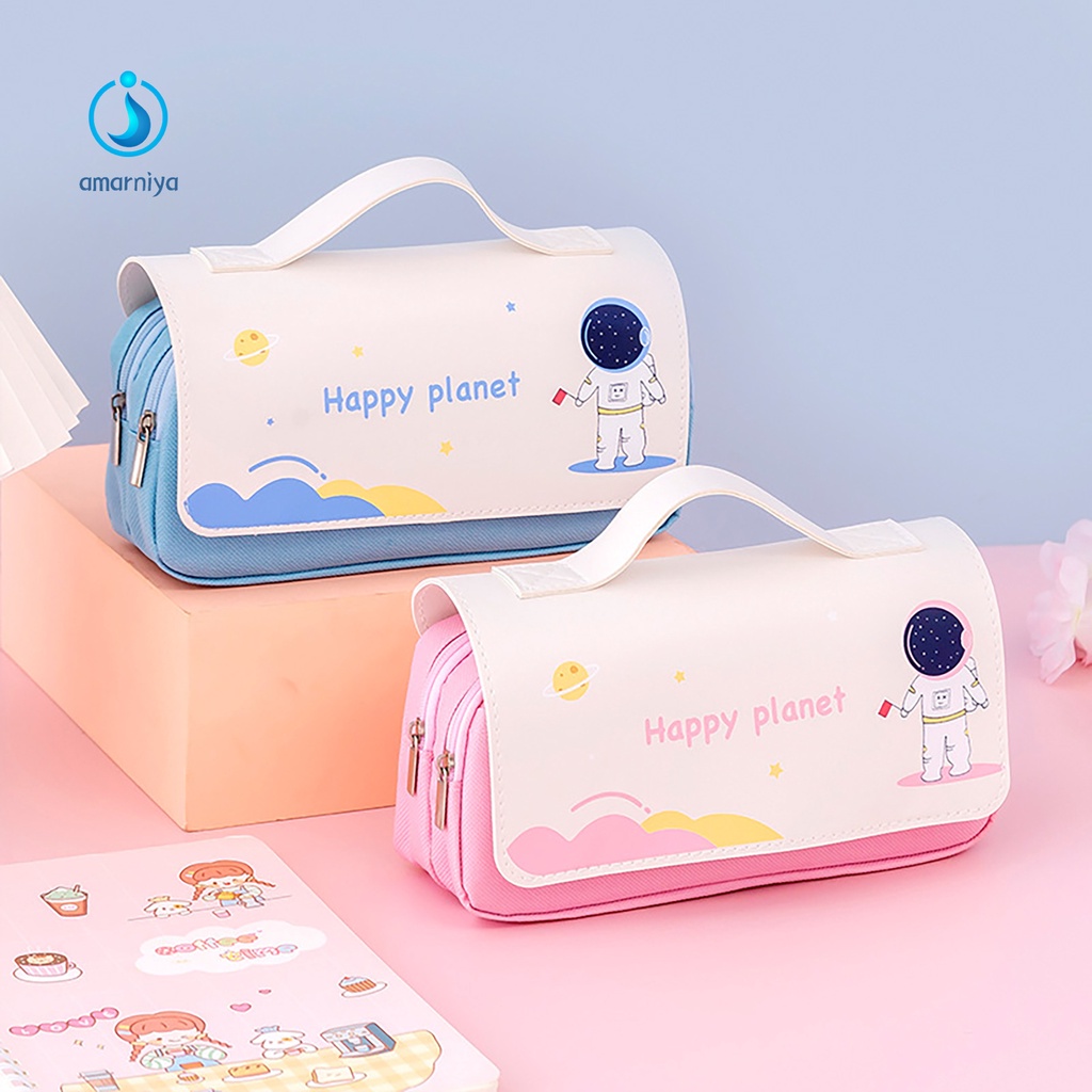 (Shop Amart) Túi Đựng Bút 2 Ngăn Đa Năng Bằng Vải Canvas In Hình Phi Hành Gia