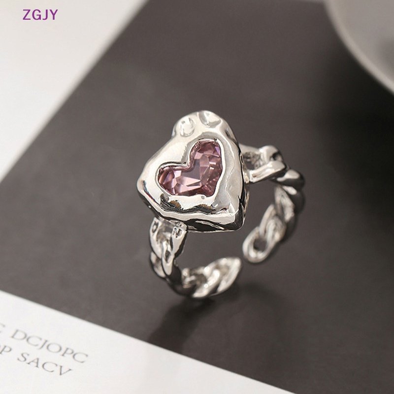 Nhẫn Mạ Bạc Mặt Trái Tim Đính Đá Pha Lê Hồng Phong Cách Goth Harajuku 90s EMO Y2K Thời Trang Cho Nữ Mới