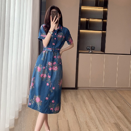 Mới Đầm Denim Dài Qua Gối Phong Cách Retro Thời Trang