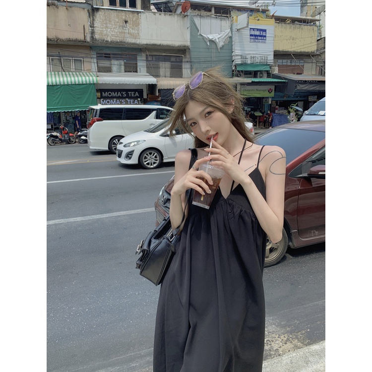 Đầm Hai Dây Cổ Chữ V Màu Đen Thời Trang Quyến Rũ Cho Nữ