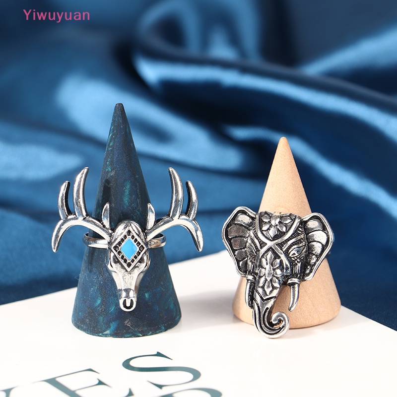&lt; Yiwuyuan &gt; Nhẫn Hở Mạ Bạc Khắc Hình Đầu Hươu Phong Cách Boho Cổ Điển Có Thể Điều Chỉnh Kích Cỡ Cho Nữ