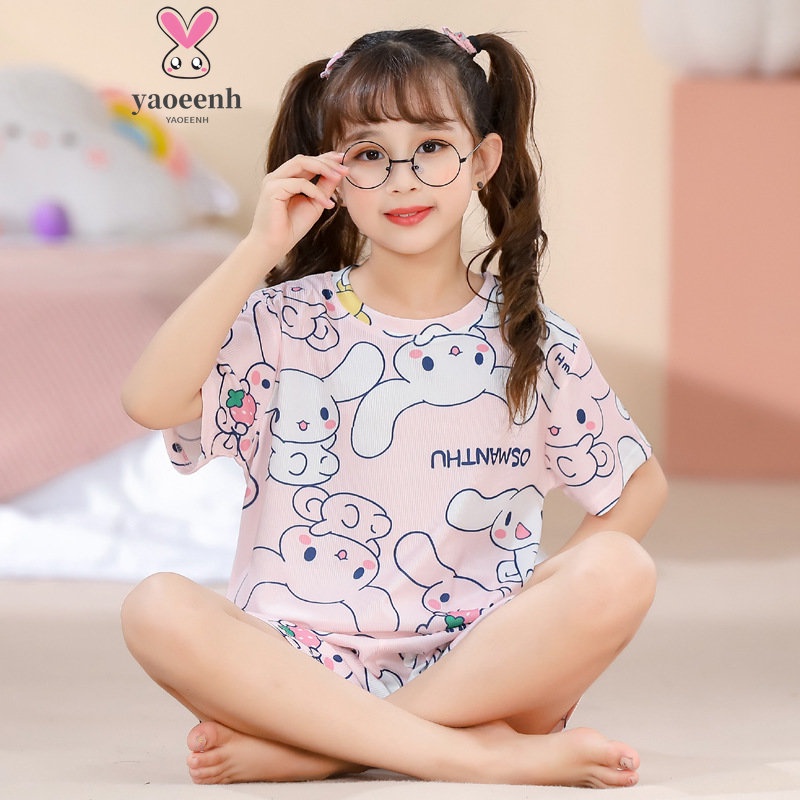 【YAOEENH】Bộ Đồ Ngủ Tay Ngắn Chất Lụa Lạnh Họa Tiết Hoạt Hình Kích Thước 95-170cm Thời Trang Mùa Hè Xinh Xắn Cho Bé Gái