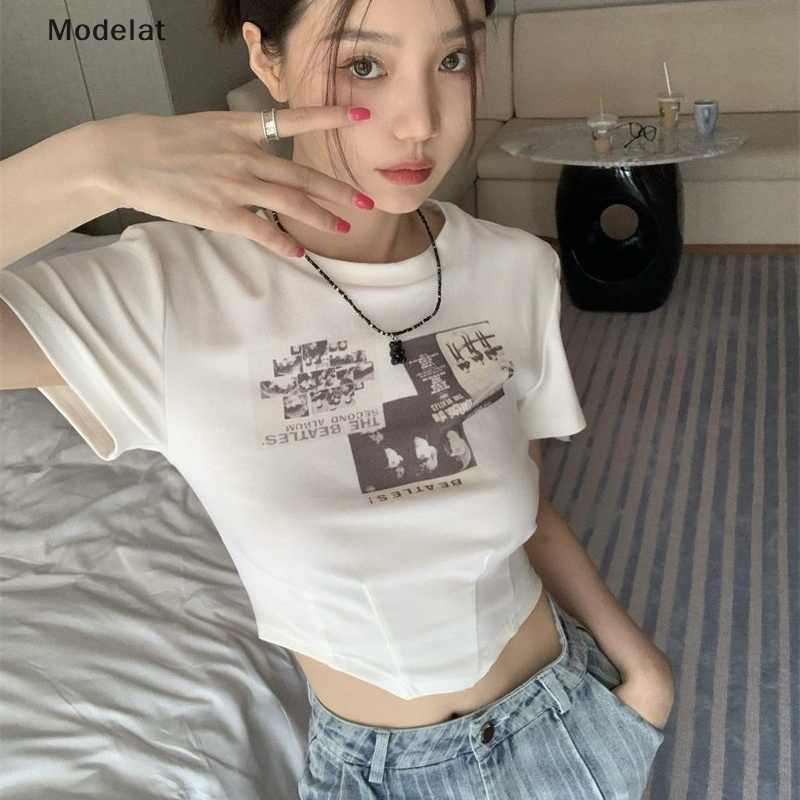 Áo Croptop Tay Ngắn Cổ Tròn In Họa Tiết Phong Cách Retro Dành Cho Nữ