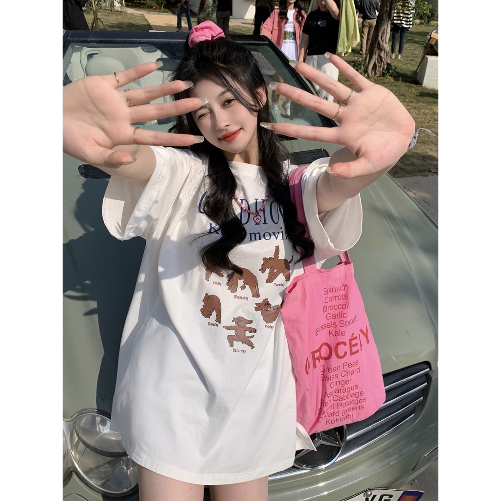 Áo Thun Tay Ngắn Dáng Rộng In Họa Tiết Hoạt Hình &amp; Chữ Cái Độc Đáo Thời Trang Cho Nữ