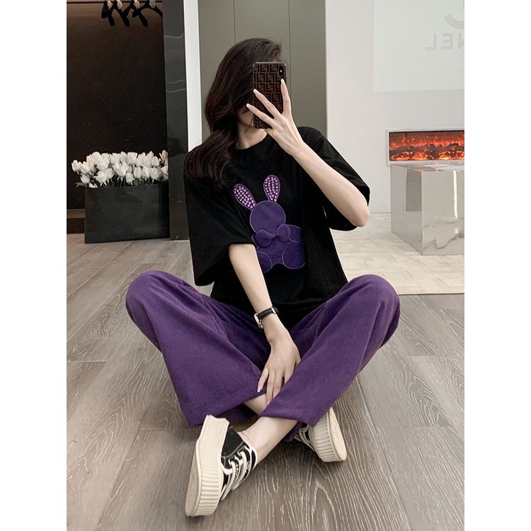 Set Đồ Thể Thao Áo Tay Ngắn Phối Quần Dài Ống Rộng Màu Tím Thời Trang Mùa Hè Trẻ Trung Cho Nữ