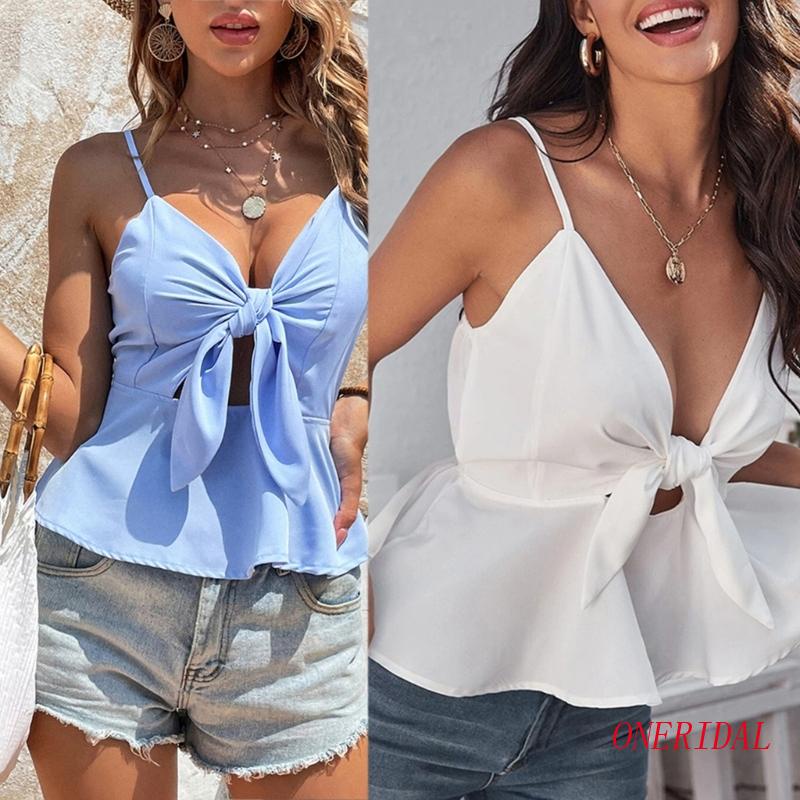 Áo Tank Top Sát Nách Cổ Chữ V Thắt Nơ Trước Thời Trang Đường Phố Cho Nữ