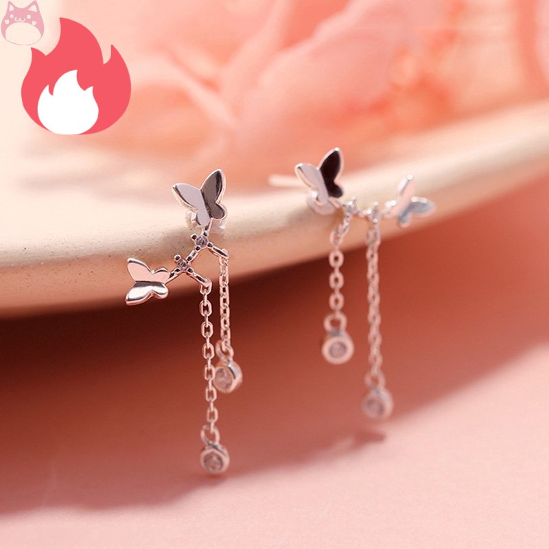 Bông Tai Bạc Dáng Dài Hình Bướm Thời Trang Xinh Xắn Cho Nữ