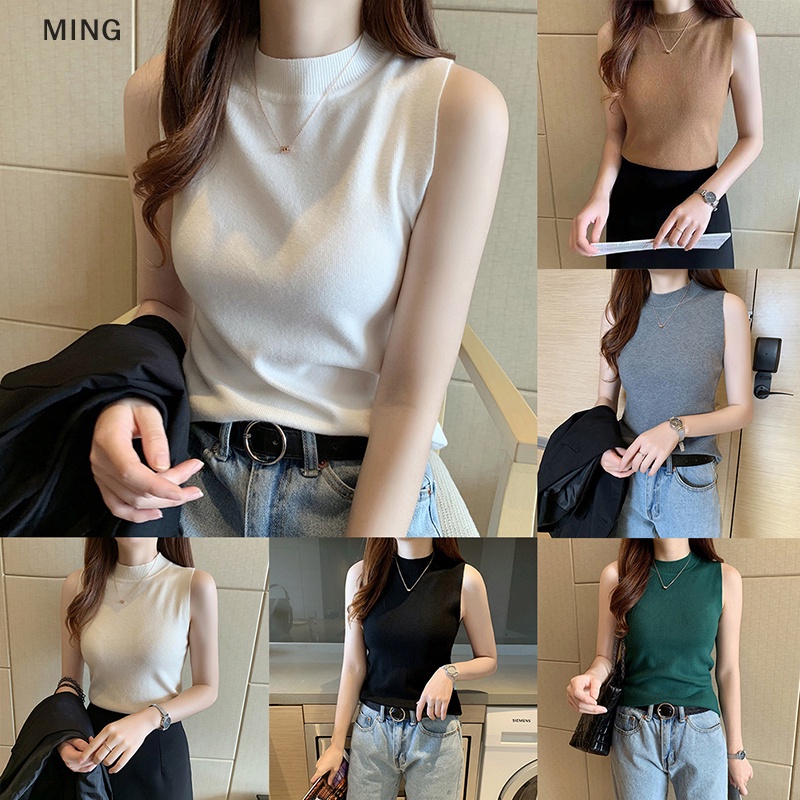 Áo Dệt Kim Sát Nách Cổ Tròn Màu Trơn Thời Trang Mùa Hè Cho Nữ