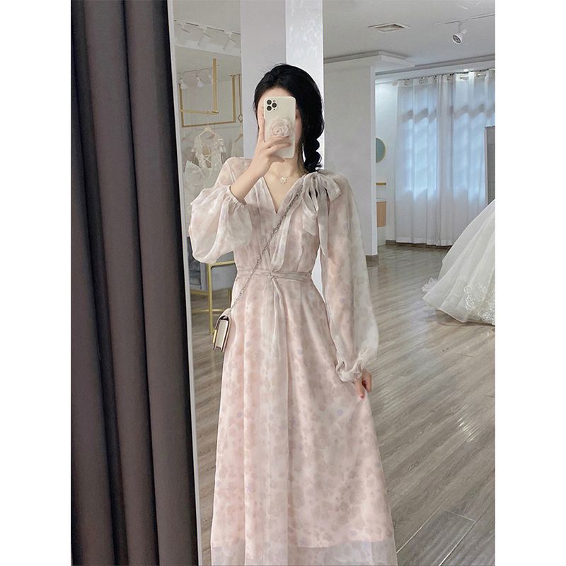 M &amp; E Đầm Dài Màu Xanh Lá Cây Phong Cách Pháp Thanh Lịch Cao Cấp Thời Trang Mùa Xuân 2023 Dành Cho Nữ