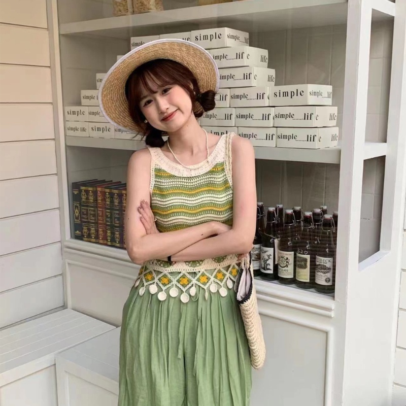 Áo Dệt Kim Sát Nách Cổ Tròn Phối Tua Rua Thời Trang Cho Nữ