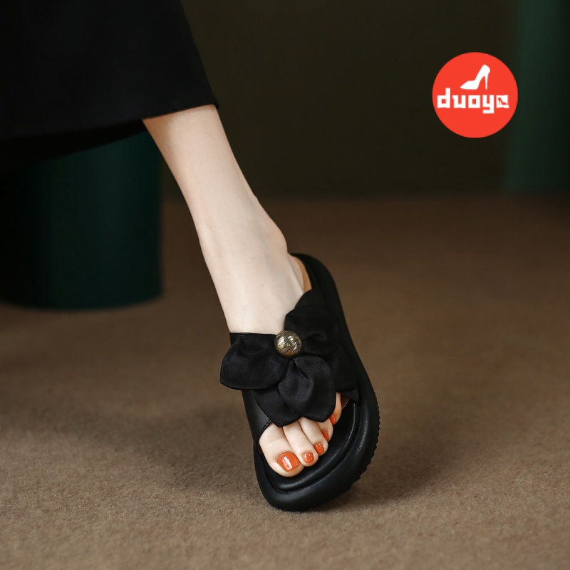 Duoya Dép Sandal Đế Dày Hở Ngón Quai Ngang Đính Hoa Kiểu Pháp Dễ Phối Đồ Thời Trang Cho Nữ