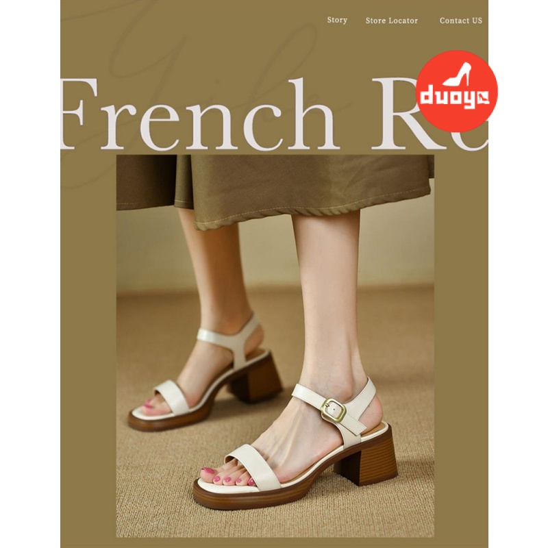 Duoya Tóc Thẳng ~ [Hàng Có Sẵn] Giày Sandal Cao Gót Da Thật Đế Dày Quai Cài Khóa Vuông Đơn Giản Cho Nữ Miễn Phí Vận Chuyển