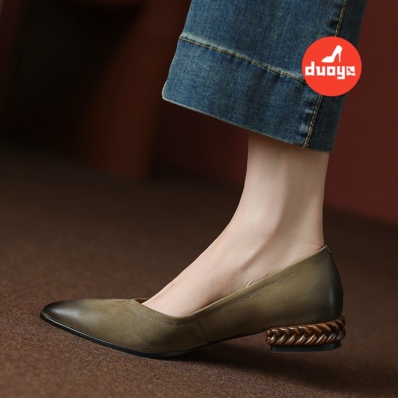 Duoya Tóc Thẳng ~ [Hàng Có Sẵn] Giày Da Mềm Gót Thấp Dày Mũi Nhọn Thoải Mái Mùa Xuân Cho Nữ Miễn Phí Vận Chuyển