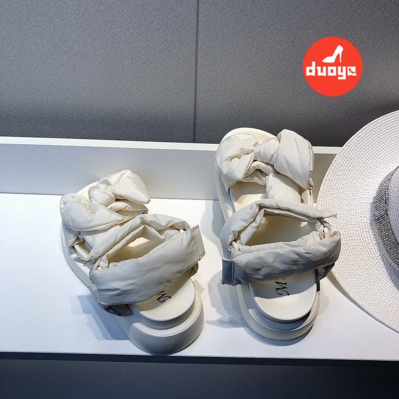 Duoya Tóc Thẳng ~ [Hàng Có Sẵn] Giày Sandal Hở Ngón Đế Dày Bằng Da Satin Đính Nơ Mùa Hè Tăng Chiều Cao Cho Nữ Miễn Phí Vận Chuyển