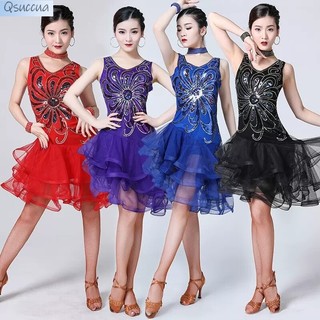 Trang Phục Khiêu Vũ Latin Phối Lưới Đính Kim Sa Lấp Lánh Dành Cho Nữ