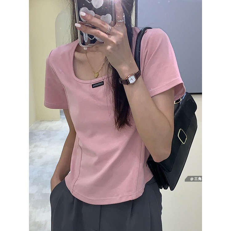 Áo Thun Ngắn Tay Cổ Vuông Viền Cong Thời Trang Retro Cho Nữ