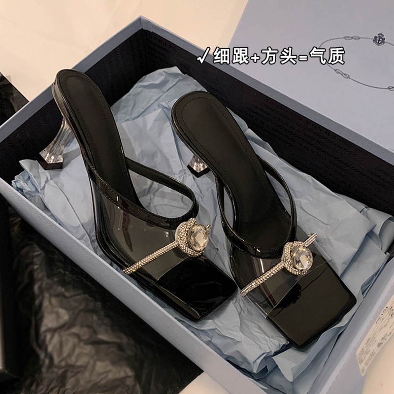 Duoya Dép Cao Gót Hở Ngón Mũi Vuông Bằng PVC Trong Suốt Đính Đá Pha Lê Quyến Rũ Cho Nữ Giao Hàng Miễn Phí