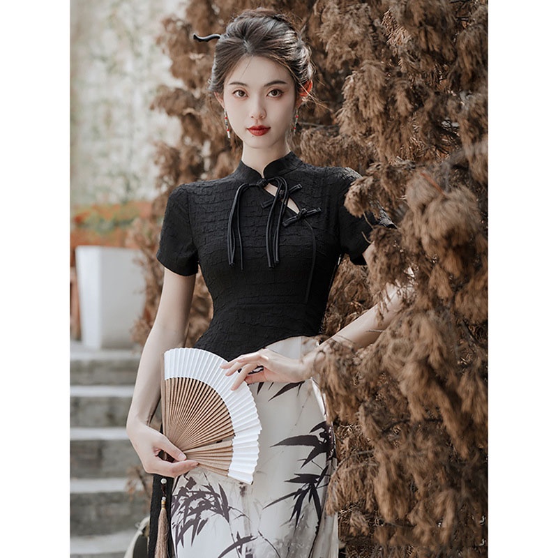 Đầm Sườn Xám Tay Ngắn Màu Đen Phối Ruy Băng Họa Tiết Mực In Phong Cách Trung Hoa Thời Trang Cho Nữ Size S - XXL