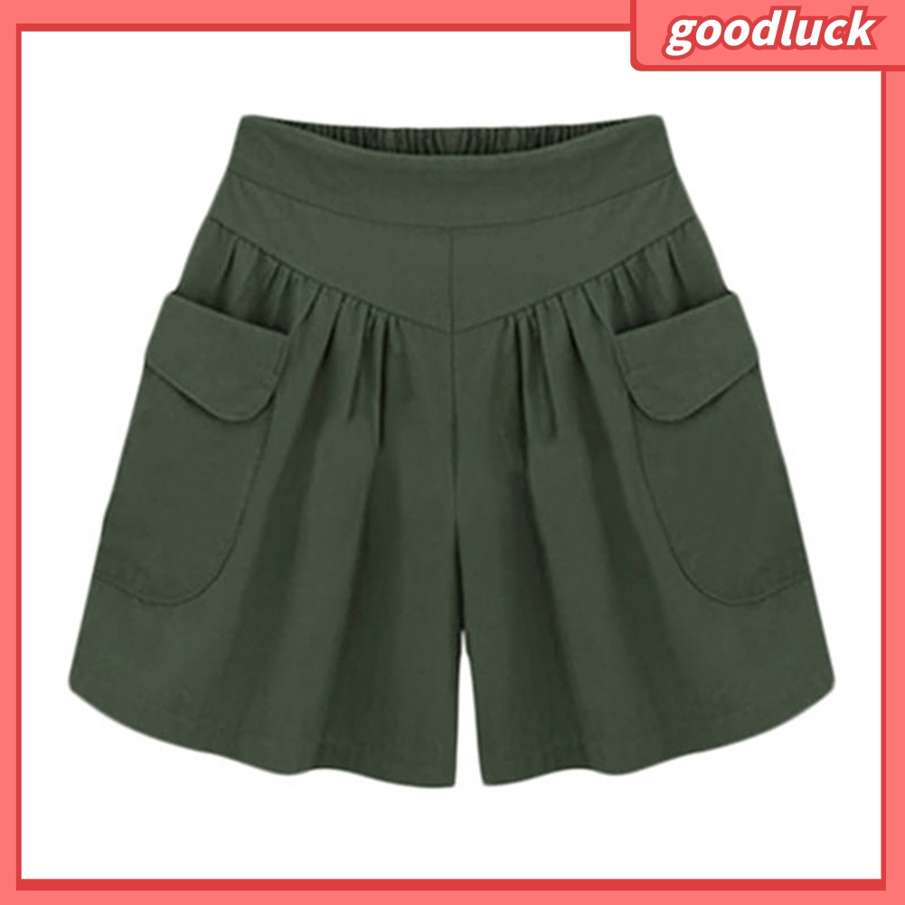 Quần Short Lưng Thun Ống Rộng Màu Trơn Phối Túi Thời Trang Mùa Hè Dành Cho Nữ Plus Size