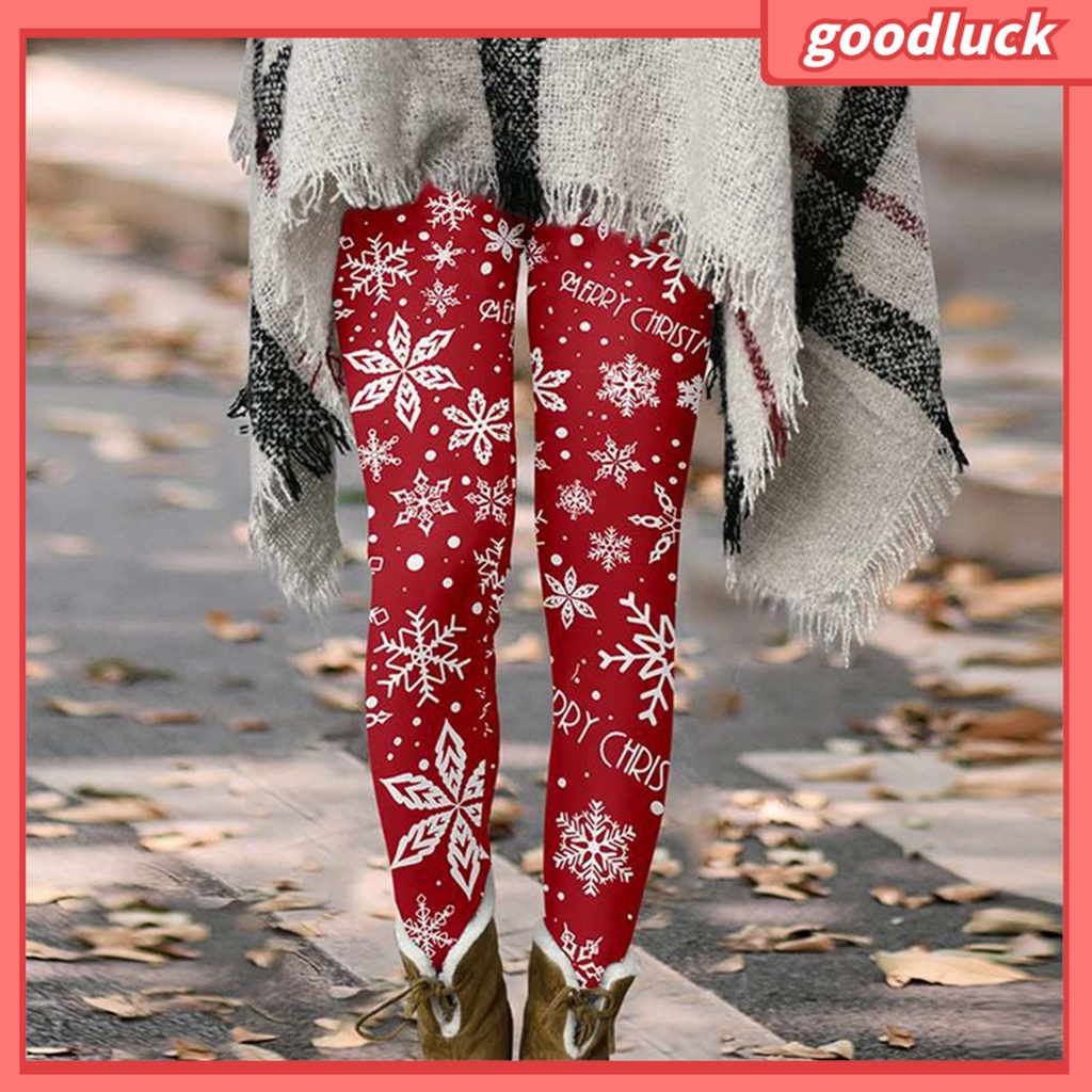 [ULK] Quần Legging Dáng Suông Lưng Cao Co Giãn Tốt Họa Tiết Bông Tuyết Giáng Sinh Đường Phố Mùa Thu Đông Cho Nữ