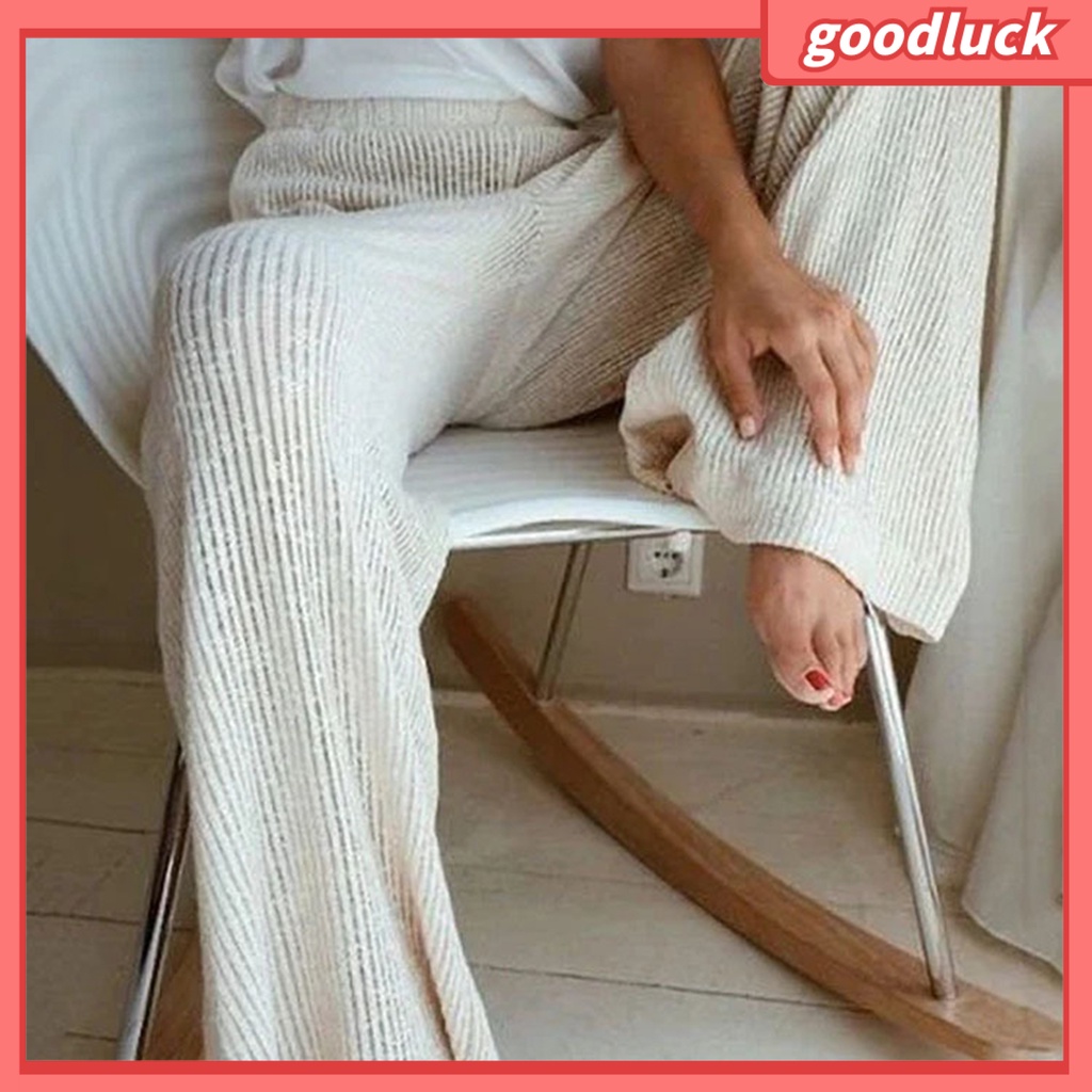 Quần Dài Dệt Kim Ống Rộng Lưng Cao Màu Trơn Thời Trang Mùa Thu Cho Nữ