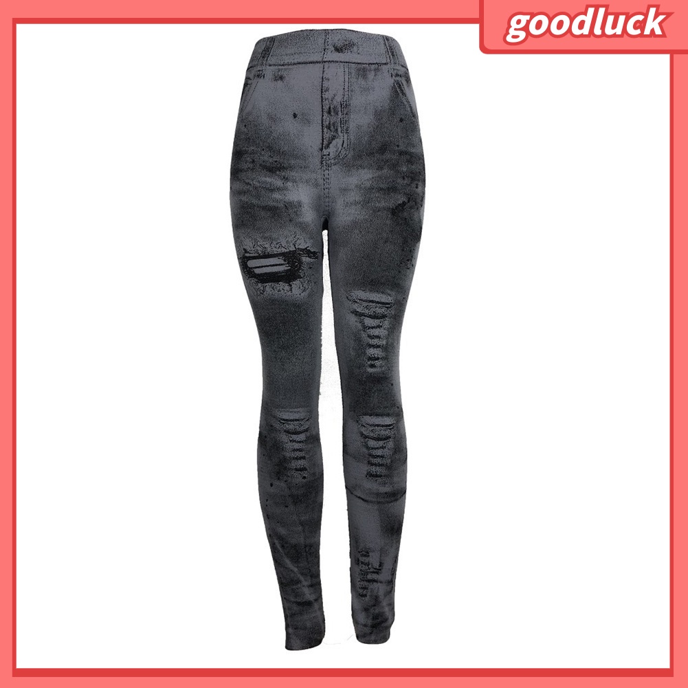 [ULK] Quần Legging Giả Jean Rách Dáng Bút Chì Co Giãn Nâng Hông Cho Nữ Plus Size