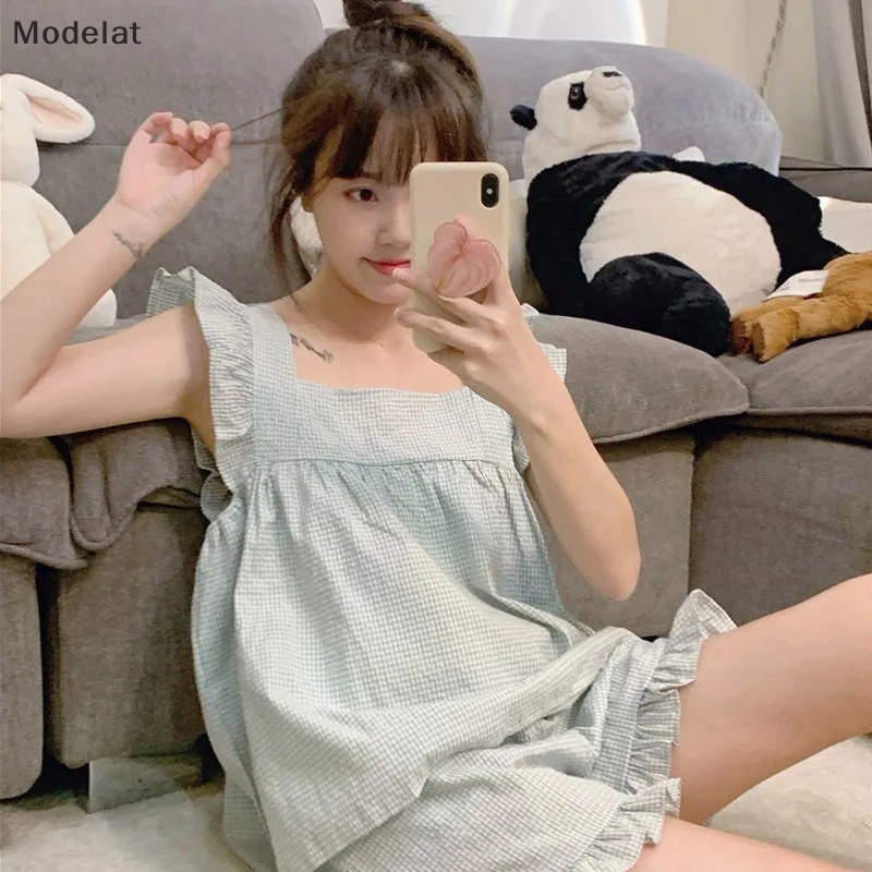 Bộ Đồ Ngủ Áo Không Tay Cổ Vuông Và Quần Short Họa Tiết Caro Phong Cách Hàn Quốc Cho Nữ