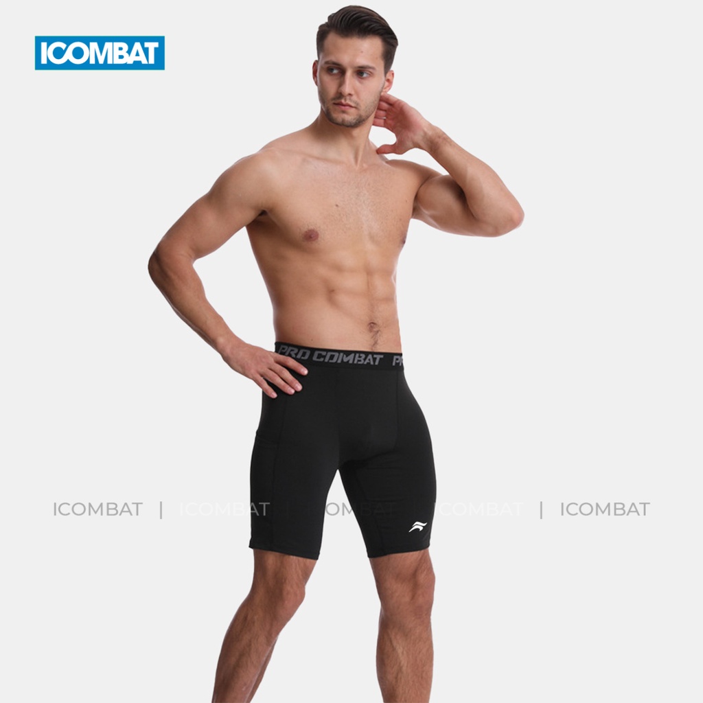 Quần legging thể thao nam ngắn có túi chạy bộ thoáng mát ICOMBAT RUNNING Vải Coolmax™ ½ màu đen màu trắng - QL50