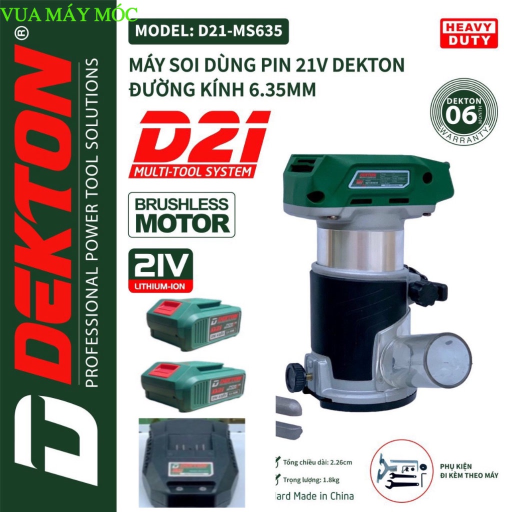 Máy Soi ALU / Phay Gỗ 6.35mm Dekton/D21-MS635 - Dùng Pin D21 Có Chỉnh Tốc ( Thân Máy) VUA MÁY MÓC