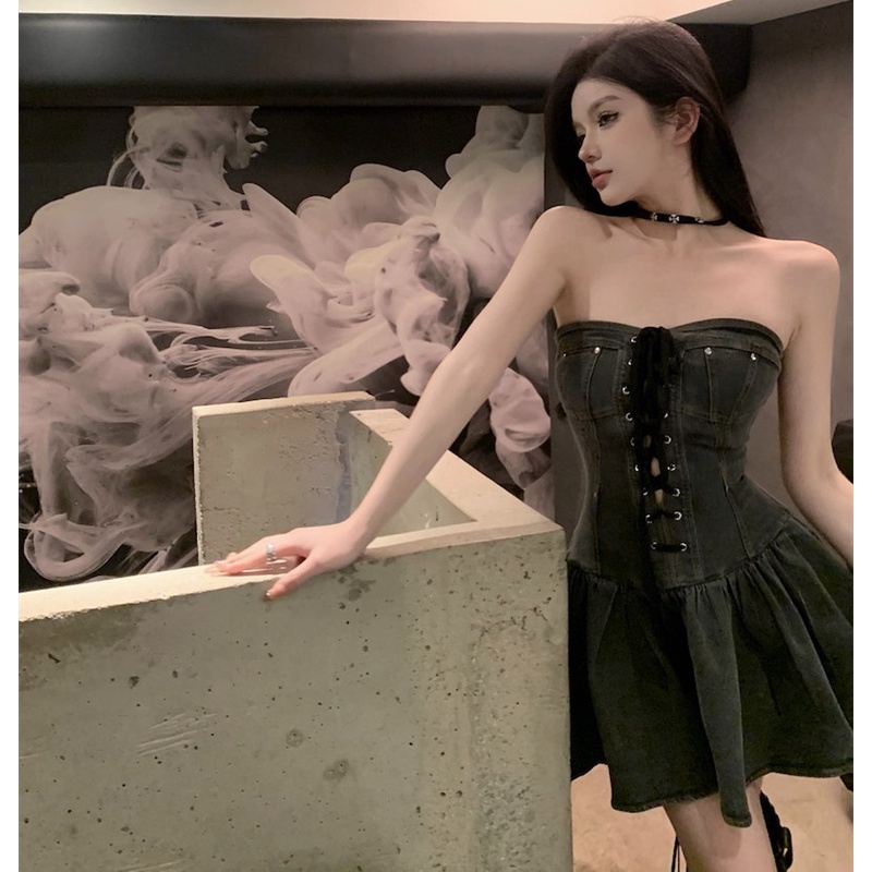 Áo Denim Trễ Vai Cột Dây Thời Trang Mùa Hè Quyến Rũ Cho Nữ