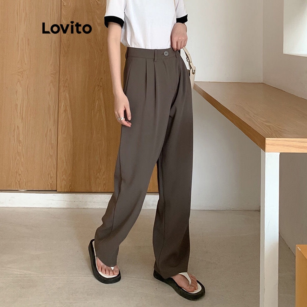 Quần Lovito ống suông lưng cao màu trơn thường ngày dành cho nữ LNA04126 (màu nâu)