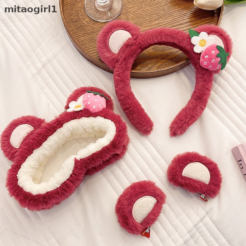 Băng Đô Cài Tóc Rửa Mặt Không Trơn Hình Tai Gấu Dâu Tây Bằng Lông Nhung Dễ Thương Xinh Xắn Dành Cho Bé Gái