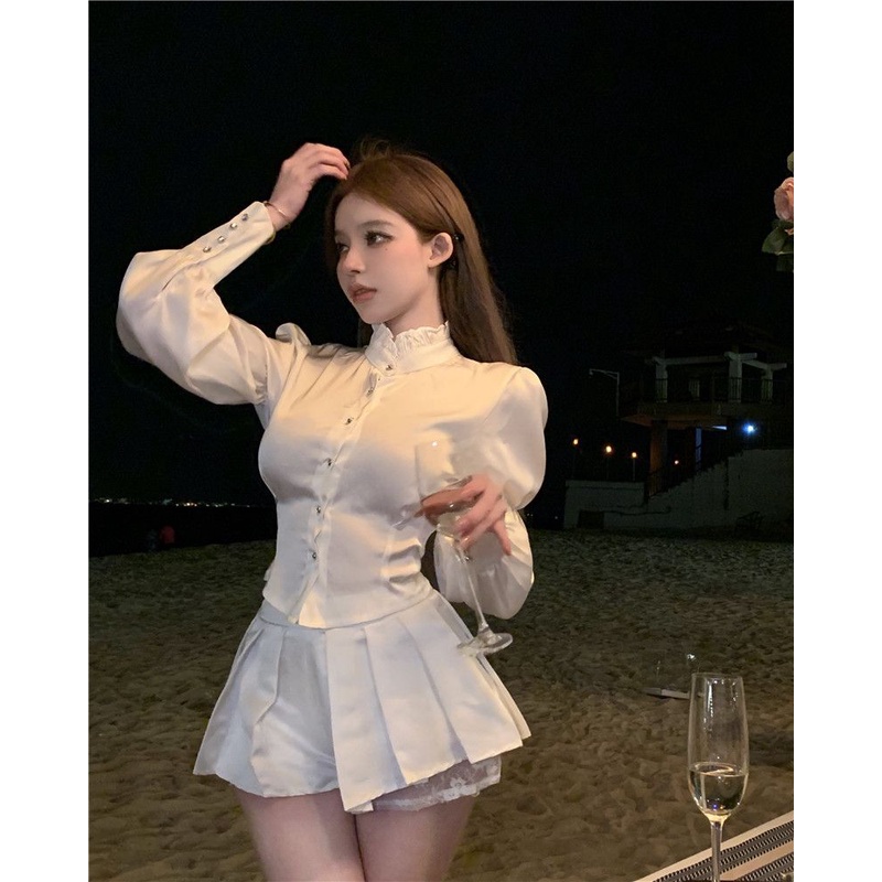 Áo Sơ Mi Cổ Đứng Tay Dài Dáng Ôm Thời Trang Mùa Xuân Cho Nữ