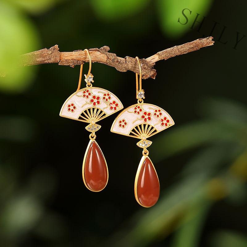 Bông Tai Mạ Vàng / Bạc S925 Hình Quạt Đính Đá Mã Não / Hoa Phong Cách Trung Quốc Cổ Điển Thời Trang Cho Nữ